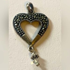 Sterling Silver Heart Pendant with Black Marcasite Accents